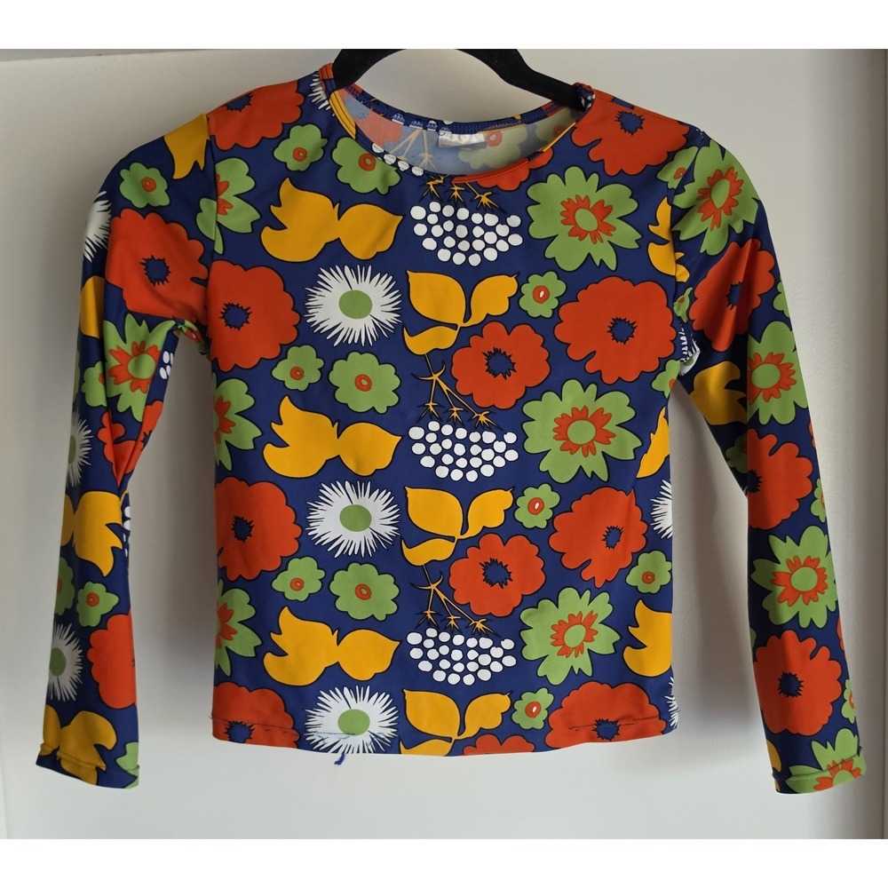 Marimekko Target Rash Guard Women L Floral Blue Orange Long Sleeve Retro Top